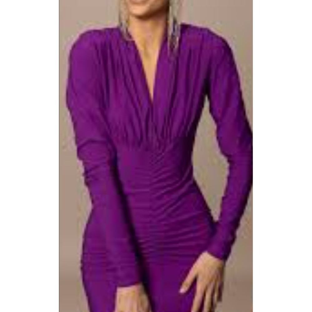 Cameo Purple Ruched Deep V-Neck Bodycon Midi Dress Long Sleeve C4162 Size L (41)